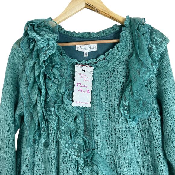 NWT Pretty Angel Mini Dress Womens L Teal Blue Fuzzy Knit Asymmetric Ruffle - Picture 2 of 6